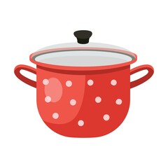 Red saucepan with a lid. Kitchenware, cooking baking utensil isolated vector illustration. Modern kitchen tool flat icon. Cutlery and kitchen accessories