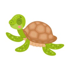 Green baby turtle. Cute funny tortoise cartoon character sleeping, dancing, swimming, hiding in shell, hatching. Vector illustrations for nature