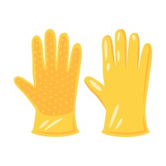 Rubber gardening gloves. Garden tool illustration in cartoon style. Bright gardening equipment, rake or shovel and lawnmower, farm or rural instrument