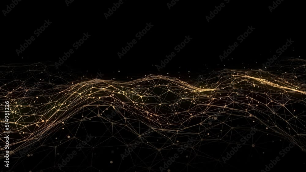 Aufkleber Gold wave of particles and lines. Big data visualization. Abstract background with a dynamic wave. 3d rendering.