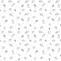 Black and white pattern with milk food. vector doodle illustration with milk production icon.  seamless milk products pattern