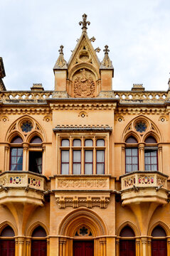 Facade of a beautiful old building, with big windose and balcony. Malta, Mdina, Europe.