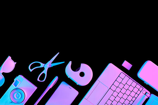 Creative layout made of school supplies in vibrant gradient holographic neon colors on black background with copy space. Minimal back to school concept.