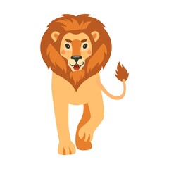 Orange colored feline animal walking, lying, jumping, sitting and roaring. Cute cartoon lion vector illustration. Wild animal, king concept