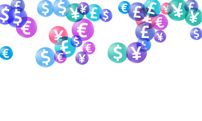 Euro dollar pound yen circle signs flying currency vector design. Finance backdrop. Currency tokens