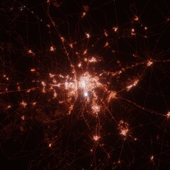 Seville city lights map, top view from space. Aerial view on night street lights. Global networking, cyberspace