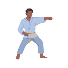 Young boy doing taekwondo or karate boxing sport activities, kickboxing tae judo character. Vector illustration of tae judo character in gown with yellow belt, student doing fighting exercises