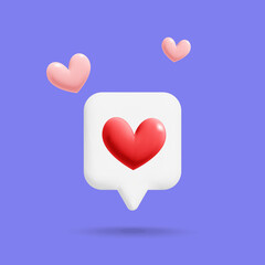 Feedback Social media heart like 3d vector icon concept design. White bubble with red and heart shapes.  Notification , social media, like time and feedback concept illustration. 