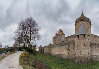Fototapeta na wymiar The fortified old city of Carcassonne on an overcast winter day 