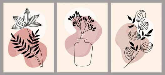 Set of creative minimalist hand-painted illustrations with decorative vases, branches, leaves, flowers and abstract color blots. For postcard, placard, placard, brochure, cover design.
