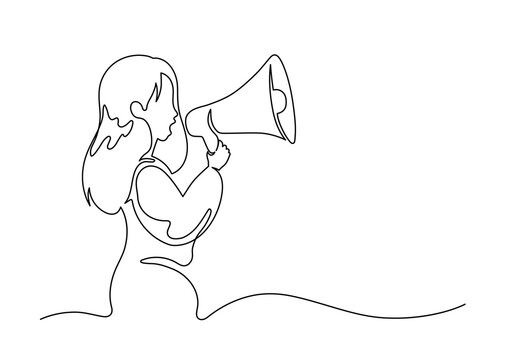 recommend clip art: Woman talking to megaphone. Continuous line art. Female speaker.