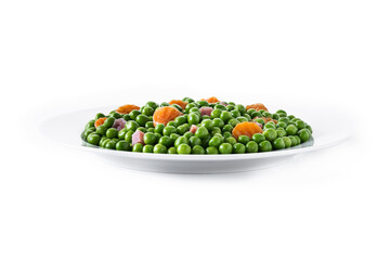Green peas with serrano ham and carrot isolated on white background