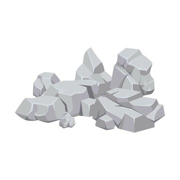 Piece of rock. Heap of stone rock isolated on white. Piles of grey boulders, cobbles and gravels. For mountains, geology, rock fall