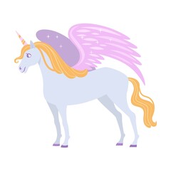 Obraz na płótnie Canvas Mythical creature pegasus unicorn flat vector illustration. Fantasy characters, centaur, harpy, dragon, mermaid, Pegasus, griffin isolated on white