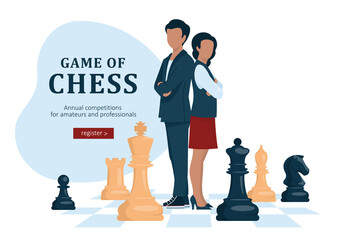 Chess game, strategy. The guy and the girl stand with their backs to each other, folded their arms on their chests. People stand among the chess pieces. Vector image.