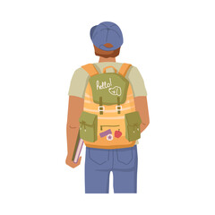 Freshman student with backpack rear view isolated flat cartoon character, school boy teenager with books. Vector highschool or college student with rucksack knapsack