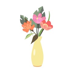 Colorful flowers icon. Bunch of plants bouquet in vases with vector illustration. Rose, sunflowers, tulips and others. Decoration and nature