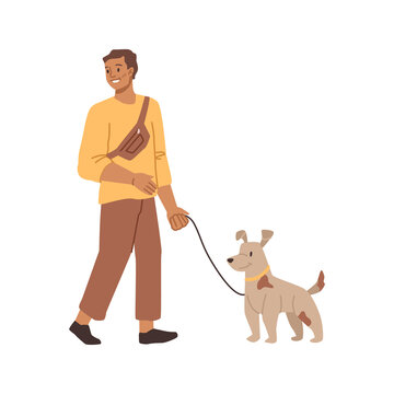 Smiling man walking with dog on leash, isolated flat cartoon character. Vector male with terrier puppy, pet and owner walks together, happy dog and guy on white