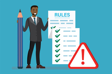 African american businessman finish writing rules and regulations document. Policy and guideline for employee to follow. Legal term, corporate compliance or laws, standard procedure.