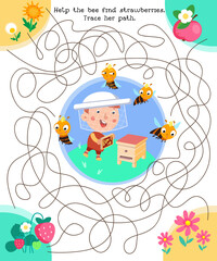 Maze game, activity for children. Cute beekeeper and bees near the beehive. Summer on farm. Vector illustration. 