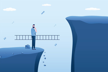 Businessman thinking about solution to solve problem. Motivation for business growth. Skills improvement, overcome obstacle. Employee holding ladder for climb cross to higher cliff.