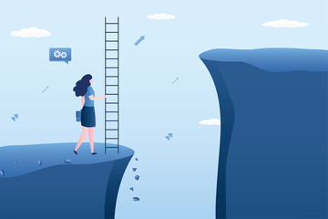Businesswoman thinking about solution to solve problem. Motivation for business growth. Skills improvement, overcome obstacle. Employee holding ladder for climb cross to higher cliff.