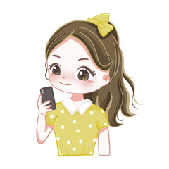 スマホを持っている女性　黄色