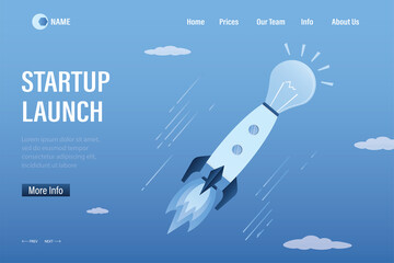 Startup with new business idea start in space. Rocket with light bulb takeoff. Business project development. Successful start-up launch, landing page template. Innovation technology.