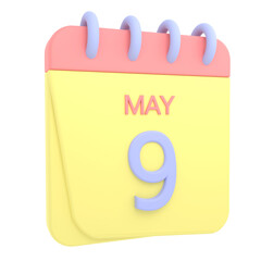 9th May 3D calendar icon. Web style. High resolution image. White background