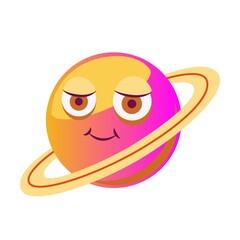 Planet Saturn with faces vector cartoon illustration. Fantasy planet characters with eyes and mouths isolated on purple background. Kids astronomy