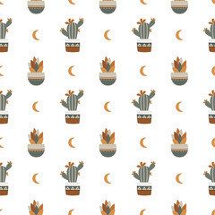 Seamless pattern with cute cactus on a summer background abstract. Vector illustration.