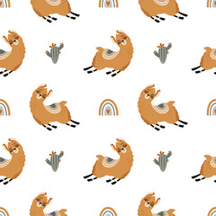 Summer banner with a cute Llama on a beautiful background. A handwritten greeting. Vector illustration.
