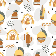 Abstract seamless patterns with fruit trees. Summer background with dots and a rainbow. Vector illustration.
