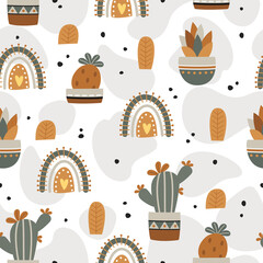 Seamless pattern with cute cactus on a summer background abstract. Vector illustration.