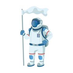 Cosmonaut in space flat icon. Cartoon spaceman or cosmonaut exploring galaxy, holding flag vector illustration. Adventure and universe