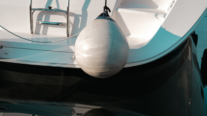pupa of sailing boat white luxury protected with fenders while at marina berth harbour - obrazy, fototapety, plakaty