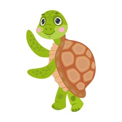 Tortoise cartoon character dancing, swimming, hiding in shell, hatching. Vector illustrations for nature. Green baby turtle