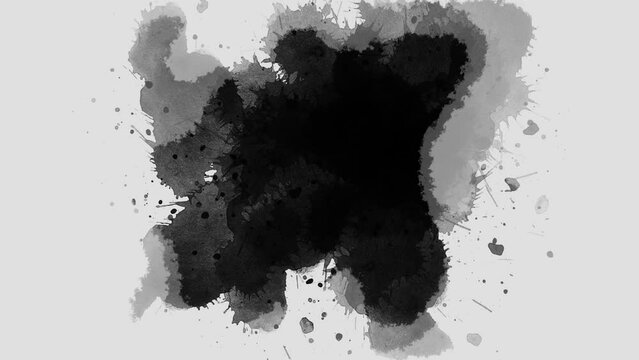 Black inks drop on gray background. Abstract ink splatter transition. ink brush stroke, fluid art background, overlay, alpha matte composition.