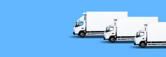 Delivery white van with space for text on blue background, panoramic banner