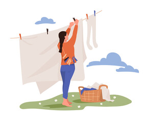 Household chores. The girl is doing household chores. A woman hangs her laundry on a clothesline to dry. Housewife woman. Vector image.