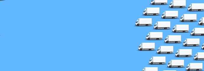 Delivery white van with space for text on blue background, panoramic banner, pattern