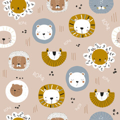 Seamless pattern with funny lions. Childish print for fabric or paper. Vector hand drawn illustration.