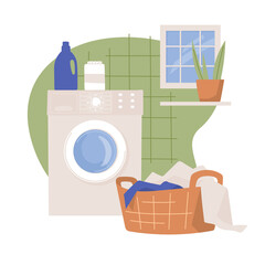 Washing machine. Laundry room. Bathroom interior. Laundry basket. Vector image.