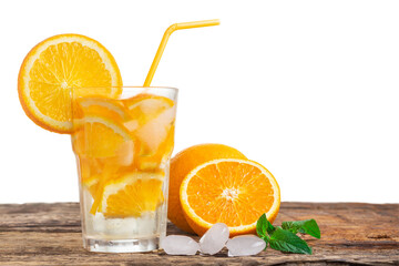 Natural lemonade with mint and fresh oranges on wooden table isolated on white background.