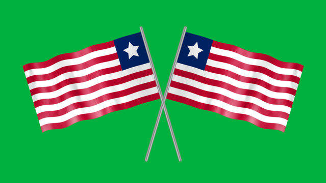 Crossed national flag of Liberia isolated on green screen in smooth fabric. Concept for celebrating national holidays and government.