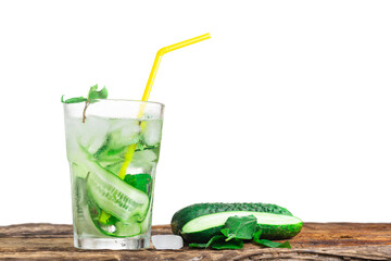 Refreshing drink with cucumber and mint, in a glass with a strawisolated on white background.