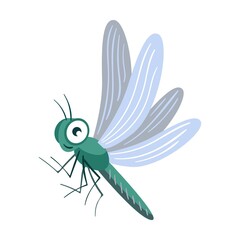 Funny smiling dragonfly flat icon. Cartoon cute caterpillar, fly, beetle, butterfly, snail, spider isolated vector illustration. Nature and insect