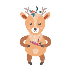 Cartoon boho funny deer. Wildlife forest characters, deer, fox, owl, raccoon, decorated with red Indians tribal accessories, feathers and plants