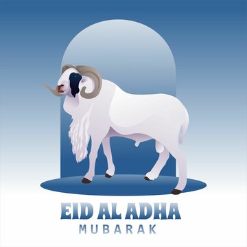 Cartoon Style Illustration of a goat with horns on a gradient blue background for Eid al-Adha Mubarak.