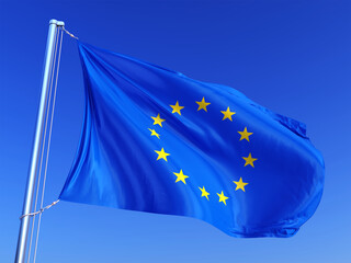 Flag of Europe, Euro flag on wind - European Union flag. 3d rendering - obrazy, fototapety, plakaty